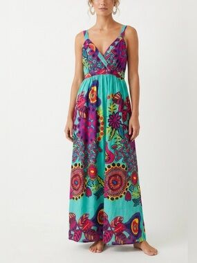 Vasna Desire Cotton Mosaic Floral Maxi Dress L Aqua V-Neck Boho Resortwear